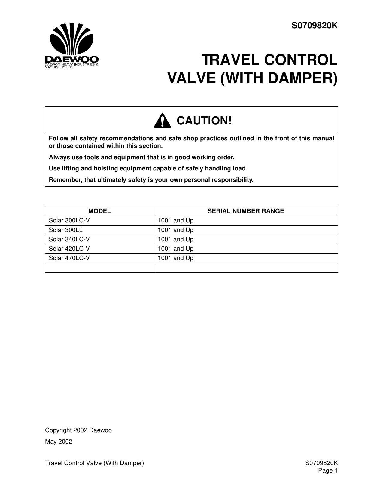 Solar 300LC-V Solar 300LL Solar 340LC-V Solar 420LC-V Solar 470LC-V 1TRAVEL CONTROL VALVE Service Manual Daewoo